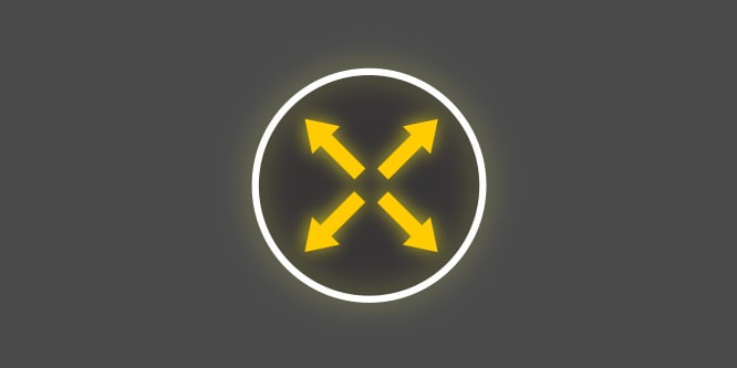 Kelta-valkoinen kuvake, jossa on neljä nuolta, jotka osoittavat ulospäin ympyrän keskeltä, tummanharmaalla taustalla, joka kuvaa nelisuuntaista joustoa.
